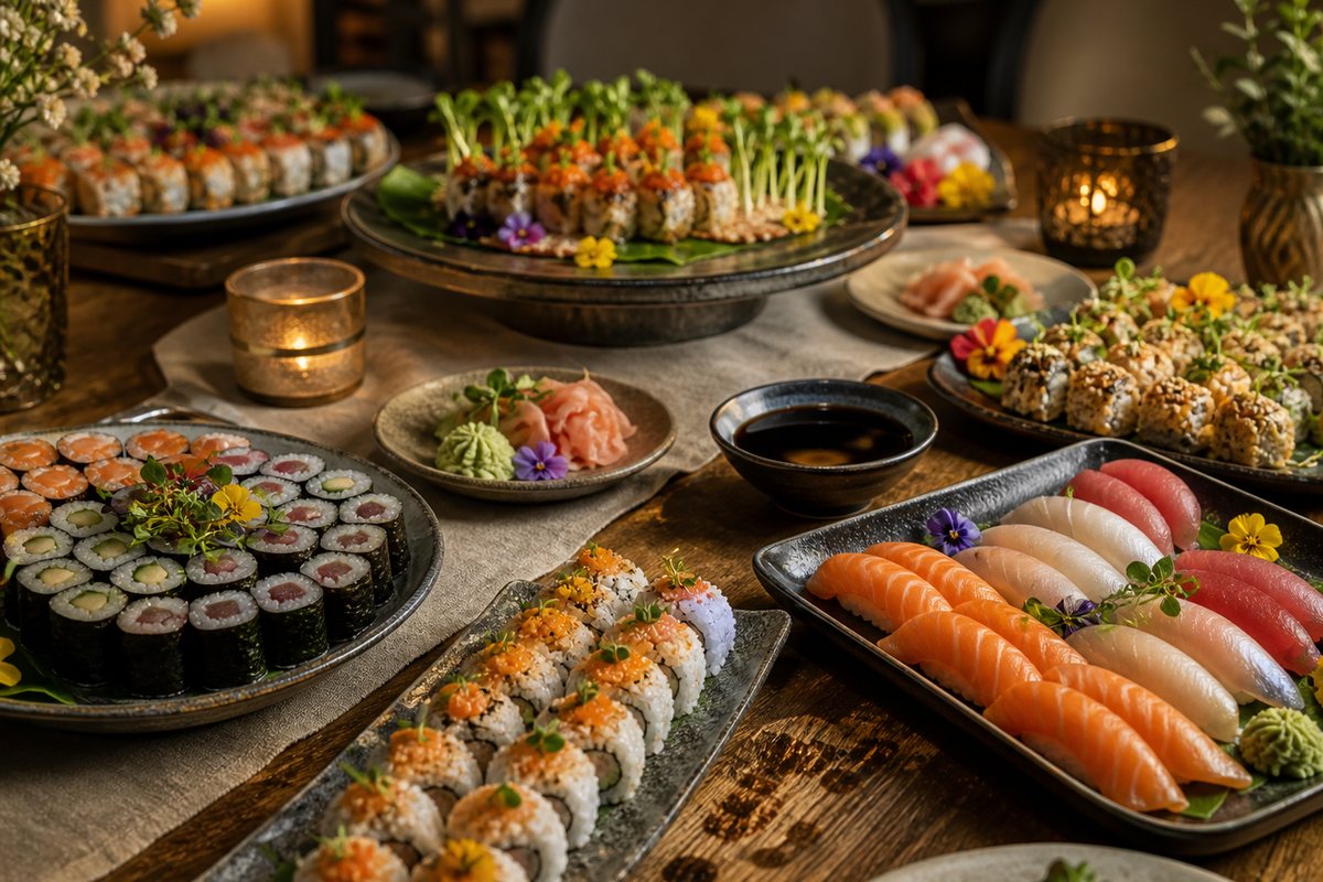 Duży zestaw sushi przygotowany na spotkanie przy stole